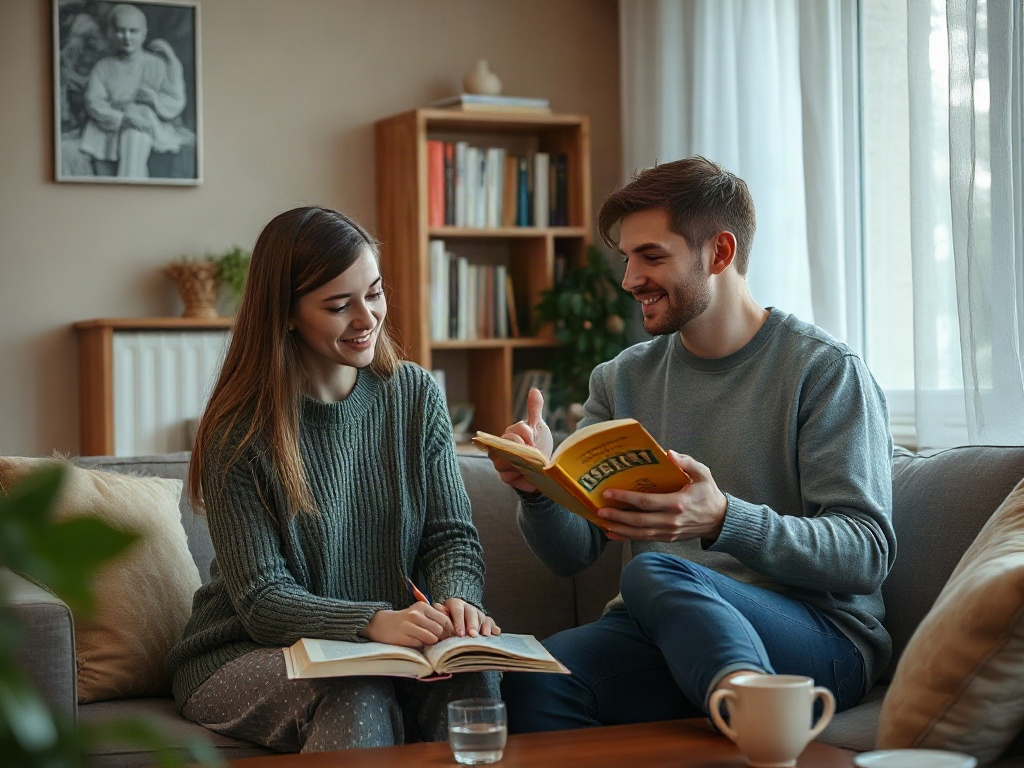 Молодая пара сидит на диване, читая книги и обсуждая их, наслаждаются уютной атмосферой.